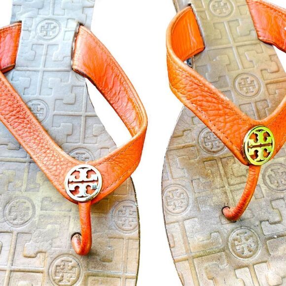 Tory Burch Thora Orange Leather Flip Flop Sandals Womens Size 11 - Picture 3 of 7